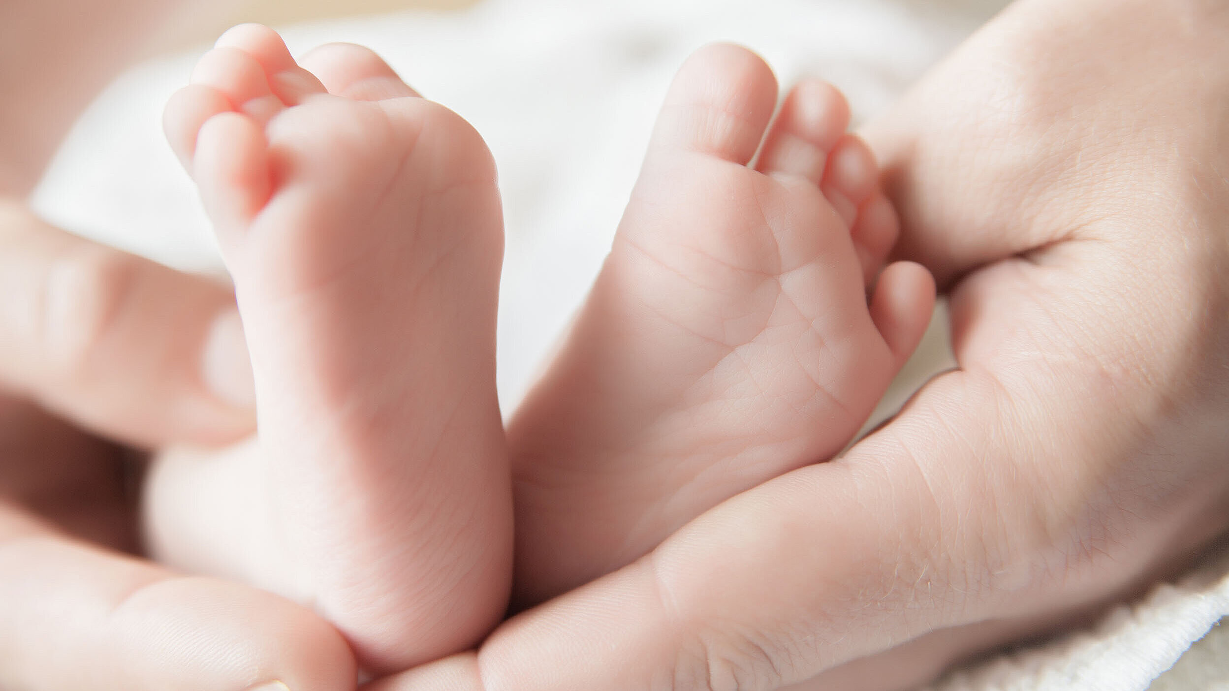 zwei große Hände halten Babyfüße fest